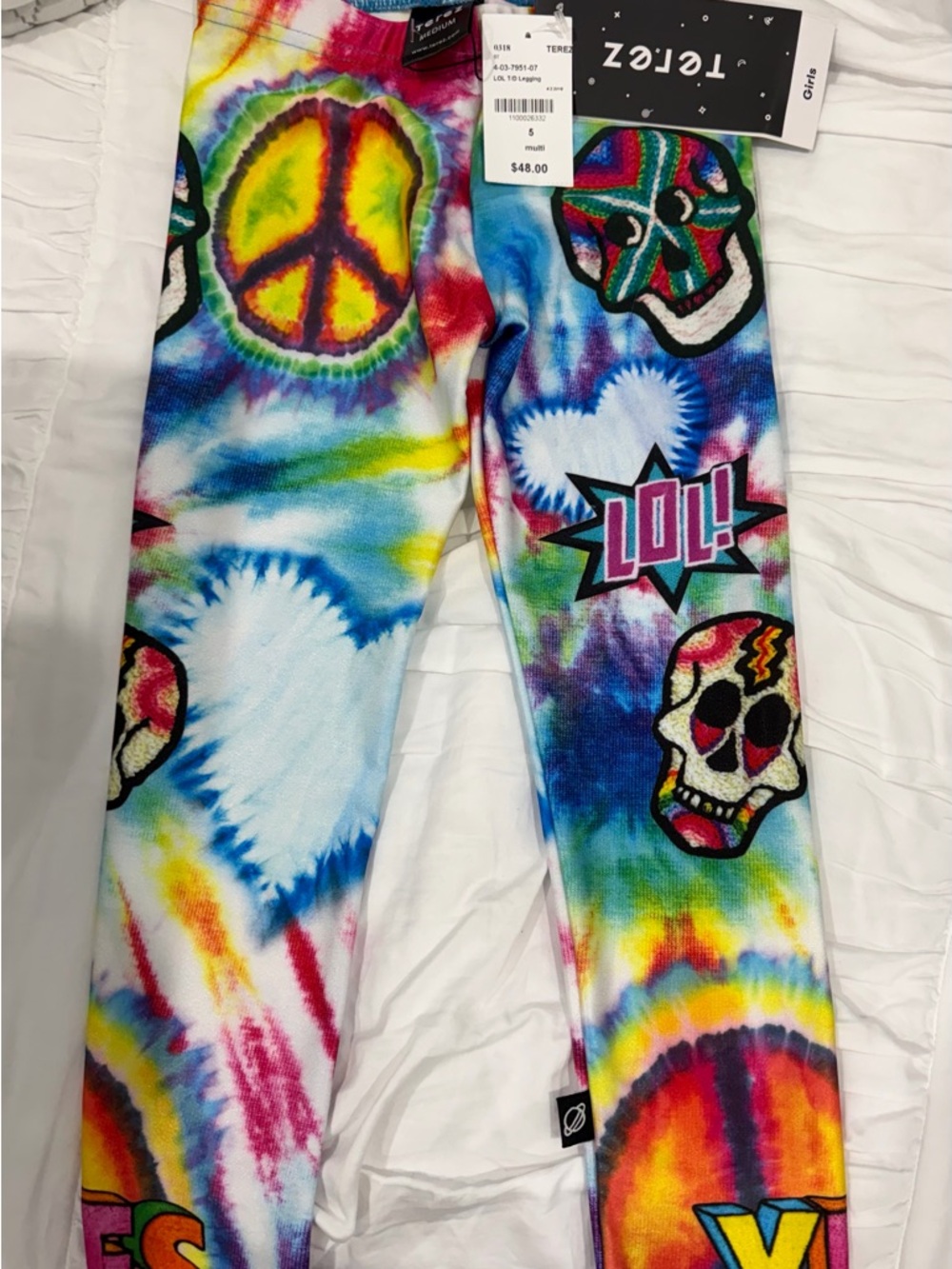 NWT - Terez Multicolor Tie-Dye Skull & Peace Sign Kids Leggings